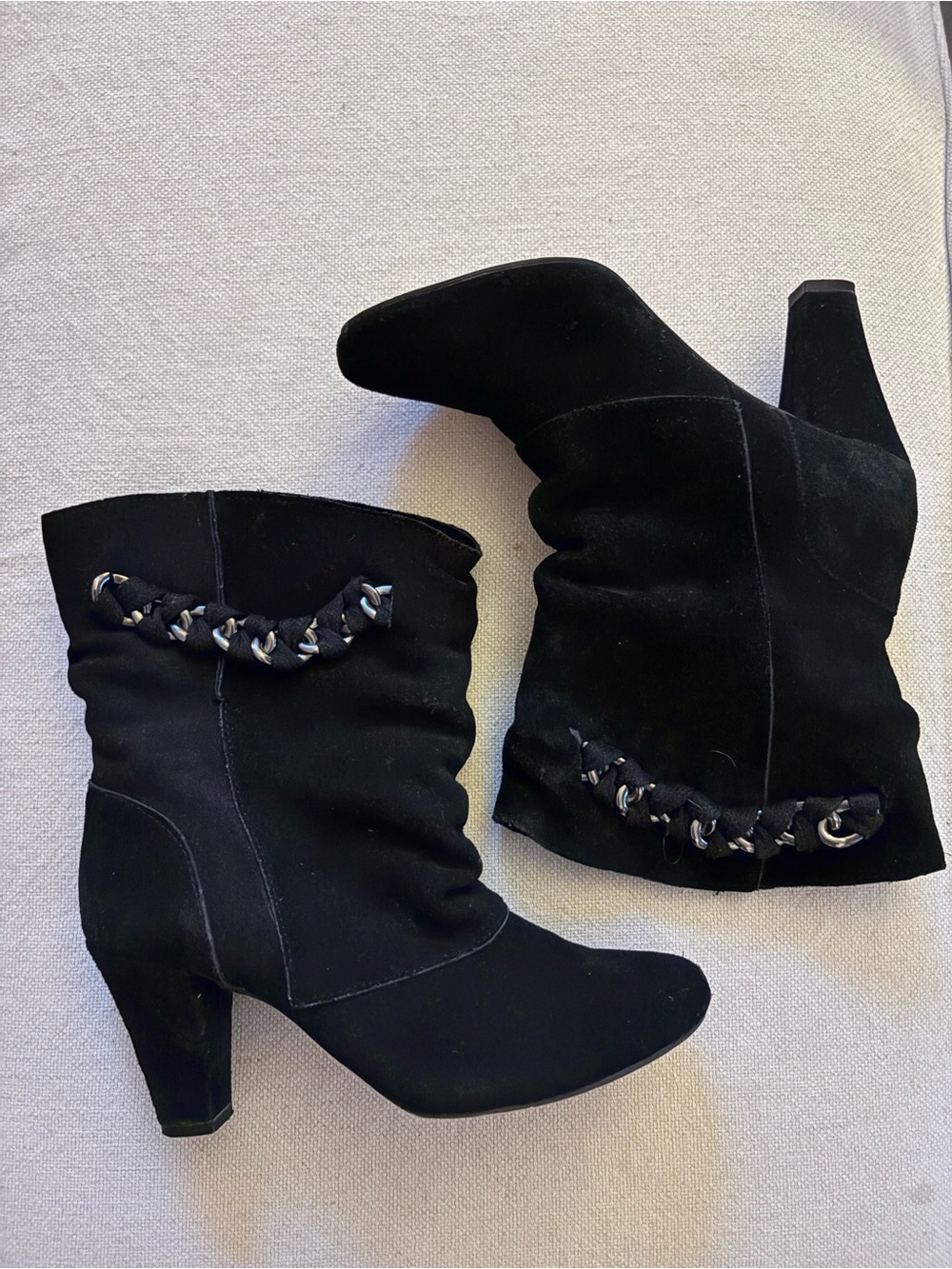 Cosmopolitan Black Suede-Look Mid-Calf Heeled Boots with Braided Chain